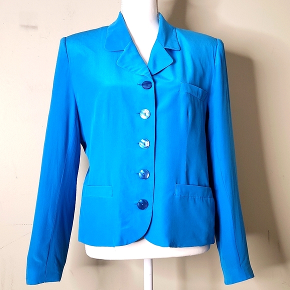 Silk tailored fitted vibrant blue button-down blazer casual or office Quality - Picture 1 of 8